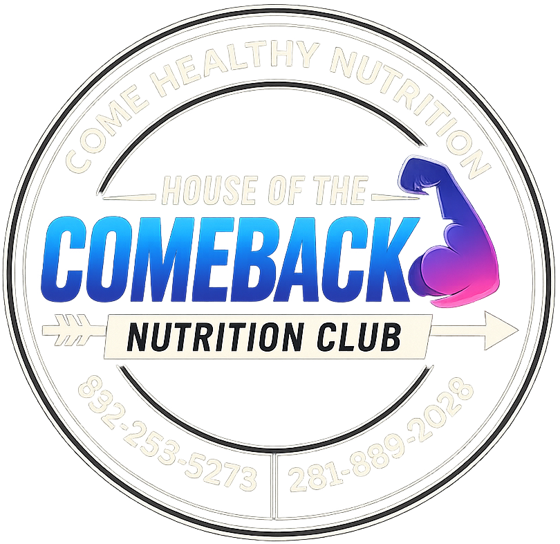 Comeback Nutrition logo for a nutrition club in Austin, Texas, featuring a bold blue and purple circular emblem with the text “House of the Comeback Nutrition Club.” The modern logo represents a health-focused business offering protein shakes, energy teas, wellness coaching, weight management support, and nutritious meal options for the Austin community.
