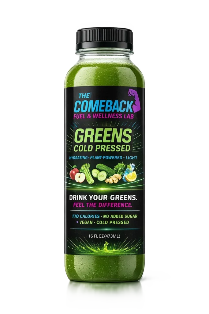 Bottle of Greens Cold Pressed juice filled with vibrant green juice and labeled with leafy greens, cucumbers, and citrus, highlighting a nutrient-packed vegetable blend.