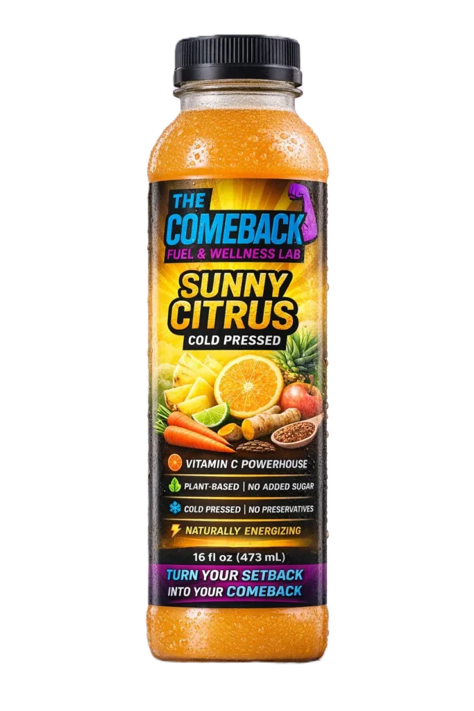 Bottle of Sunny Citrus Cold Pressed juice with bright orange liquid and a label featuring oranges, lemons, and other citrus fruits, promoting a vitamin-rich cold-pressed beverage.